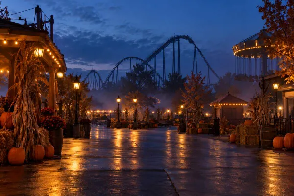 Conceptual Halloween-decorated amusement park midway at blue hour with an empty roller coaster