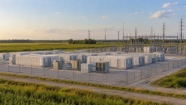 A generic utility-scale battery storage installation beside an electrical substation and farmland.