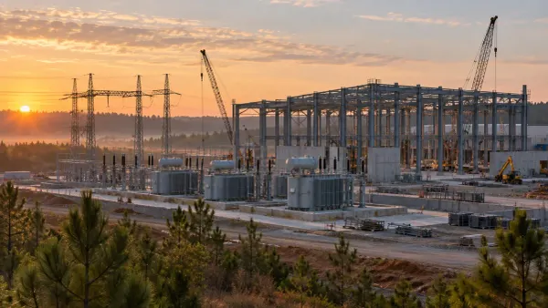 Generic electrical-transformer manufacturing complex under construction among southern pine trees