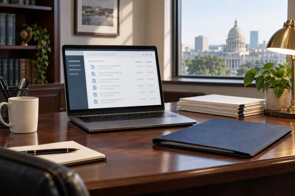 Conceptual office workstation with a generic business filing system on a laptop