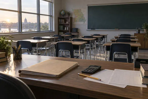 Empty Missouri classroom with a budget folder and calculator on the teacher’s desk
