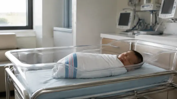 Healthy swaddled newborn resting in an unbranded hospital bassinet in natural morning light