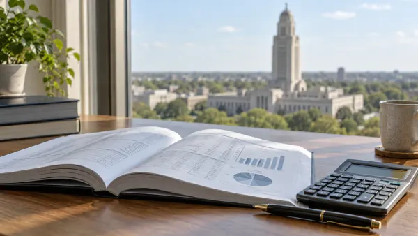 A budget ledger and calculator with the Nebraska State Capitol in the background