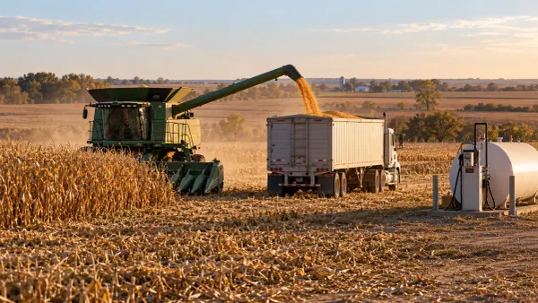 Corn harvest equipment loads grain into a truck beside a diesel tank on rural Nebraska farmland.