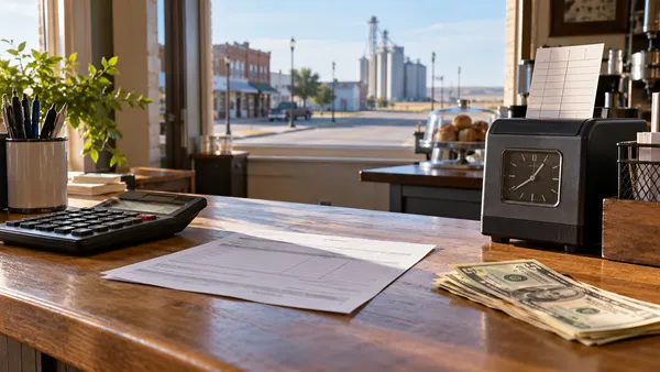 Payroll documents, calculator and time clock on a Nebraska small-business counter