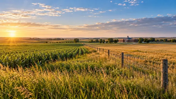 Conceptual view of Nebraska farmland and a rural school building representing school-land trust revenue.