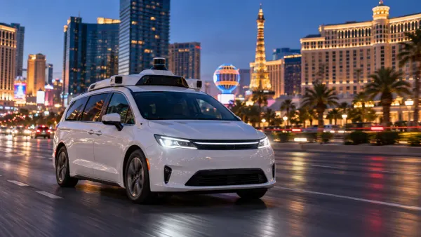 Uma minivan elétrica autónoma sem marca circula por Las Vegas ao entardecer, com arranha-céus de hotéis ao fundo.
