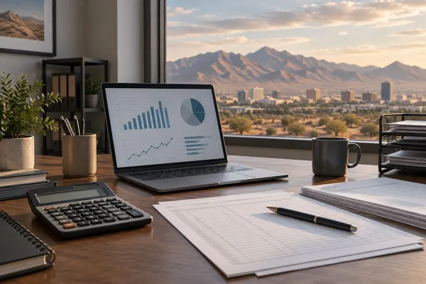 A Nevada payroll desk with a calculator, blank wage records and neutral charts against a desert mountain skyline.