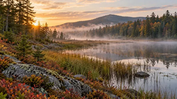 Illustrative New Hampshire forest and wetland habitat at autumn dawn