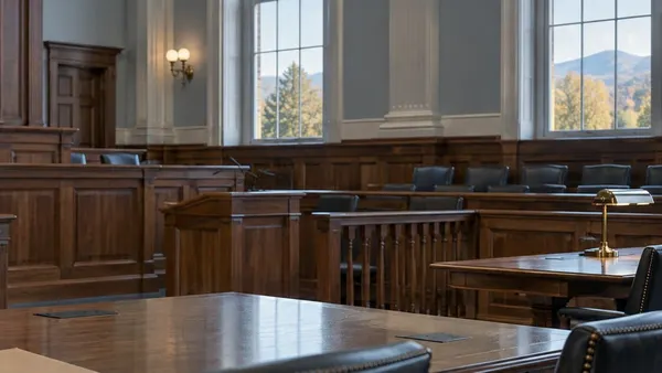Empty wood-paneled courtroom prepared for a legal proceeding