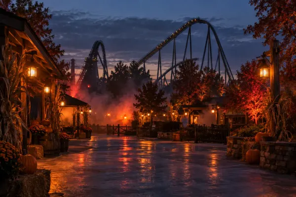 Illustrative nighttime amusement-park midway with a roller coaster, pumpkins and orange lights