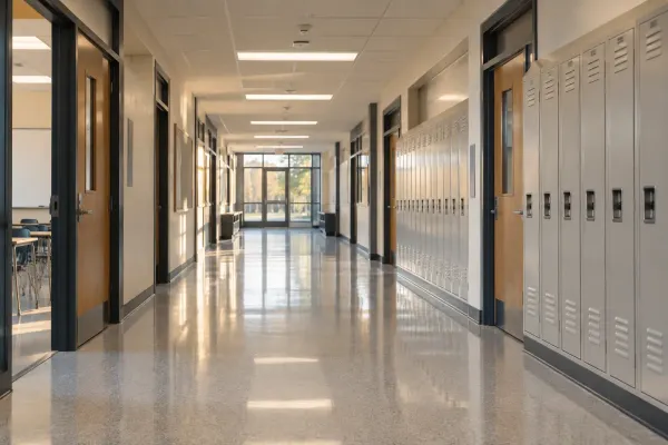 An empty, sunlit New Jersey school hallway with classroom doors and lockers