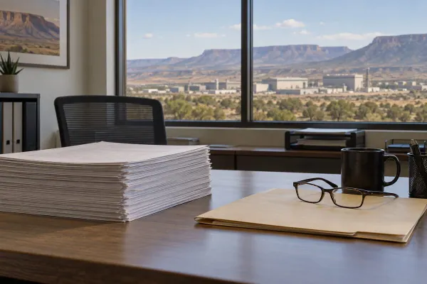 Conceptual editorial image of disclosure files on a desk overlooking a generic New Mexico industrial site.