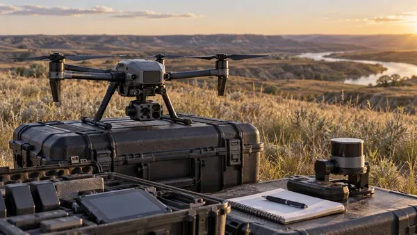 Modern public-sector drone and sensor equipment arranged on cases in North Dakota prairie
