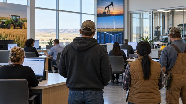 Workers in a modern public workforce center with generic agriculture, industry and technology cues.
