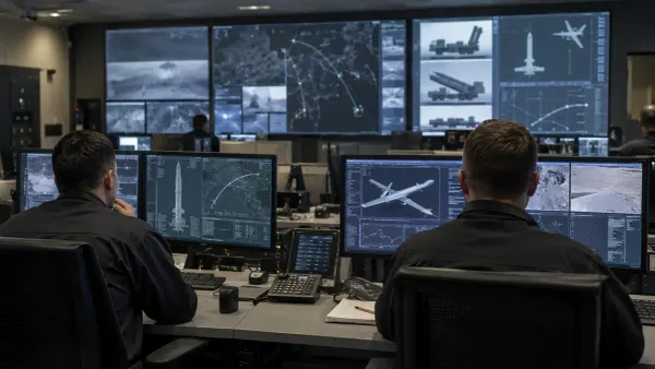 Two unbranded military operators monitor tactical displays in a generic command center.