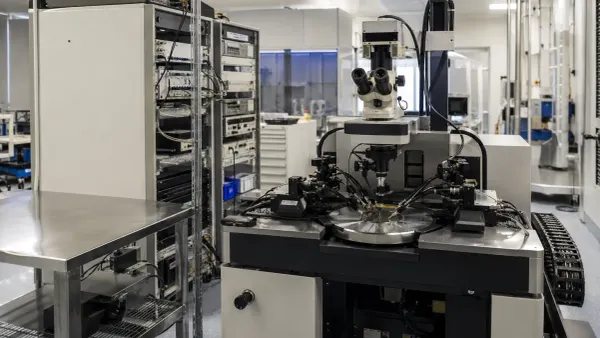 Estación de prueba de obleas de semiconductores sin marca en un moderno laboratorio de validación de chips