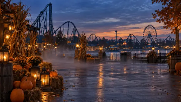 An unoccupied amusement park midway decorated with pumpkins and corn stalks at dusk, with roller coasters and a Ferris wheel across the water.