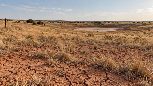 Parched Oklahoma pasture with cracked red soil, dry grass and an empty stock pond.