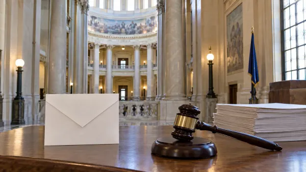 A blank ballot envelope, judge's gavel and stack of legal papers on a wooden table inside a state capitol corridor.