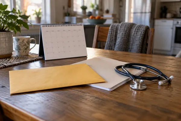 Yellow envelope, plain folder, calendar and stethoscope on a kitchen table.