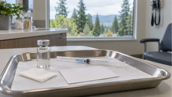 Unbranded vaccine vial and capped syringe on a clinical tray in a Pacific Northwest treatment room