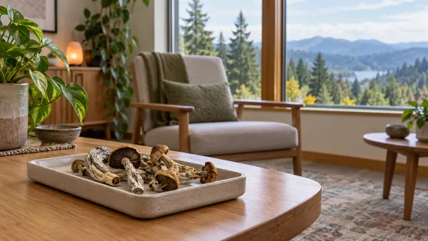 An unoccupied clinical consultation room with dried mushroom specimens on a tray and an Oregon forest visible through the window.