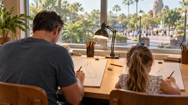 An adult and child sketch original animal studies at an animation desk overlooking a generic Florida theme-park promenade.