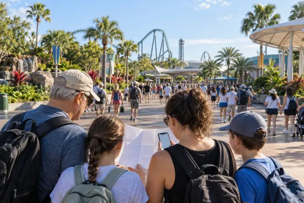 Uma família examina um mapa em branco do parque e o seu telemóvel enquanto entra num parque temático genérico da Flórida Central, numa manhã ensolarada.