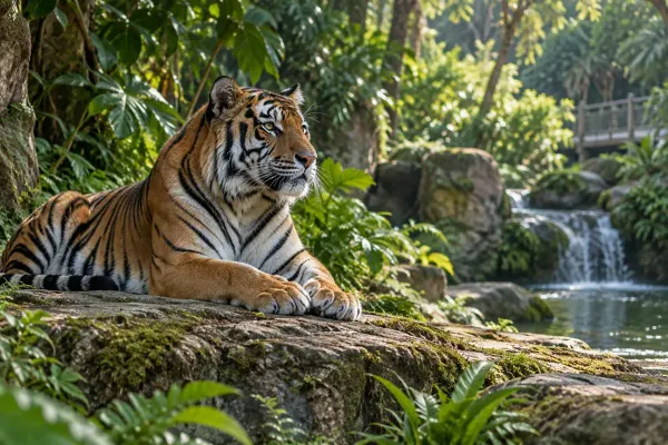 AI-generated editorial image of a Sumatran tiger resting in a lush, generic tropical habitat.