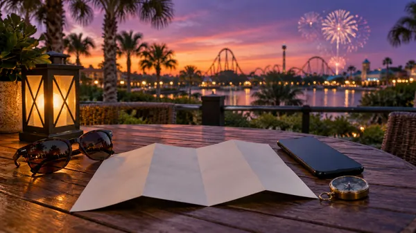 AI-generated editorial image of a Central Florida travel-planning table overlooking palms and generic amusement-park silhouettes at blue hour.