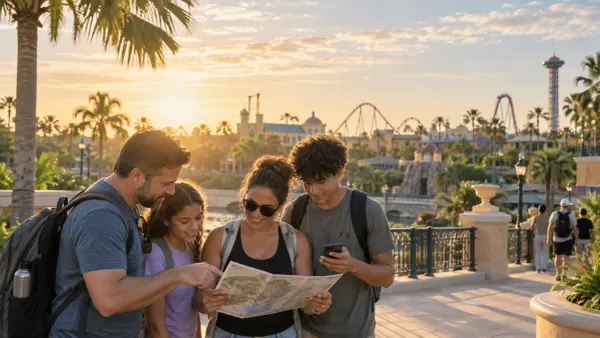 A family reviews a map and phone at sunrise with generic Central Florida amusement rides in the distance.
