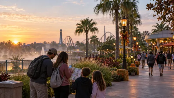 Visitantes consultan un teléfono y un mapa del parque en un paseo de un complejo turístico de Florida Central, flanqueado…