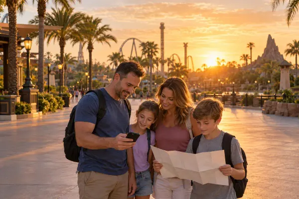 AI-generated editorial image of a family reviewing a phone and blank park map on a generic Central Florida theme-park promenade at sunrise.