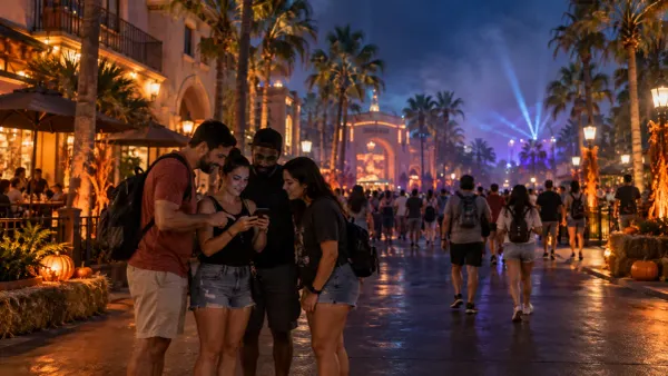 Four adults review a phone schedule in a generic palm-lined Central Florida entertainment district decorated for Halloween.