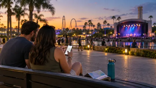 Two visitors review event plans on a phone near a generic Central Florida outdoor concert plaza at dusk.