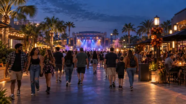Illustrative evening scene of visitors walking through a generic Central Florida entertainment district toward live music