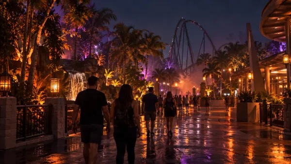 Visitors walk through a rain-slicked Central Florida theme park promenade at night under amber and violet lights.