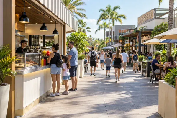Ilustração de visitantes num restaurante ao ar livre sem marca, localizado num passeio marítimo na região central da Flórida