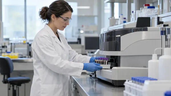 Un investigador de un laboratorio cardiovascular maneja muestras de sangre junto a un analizador sin marca
