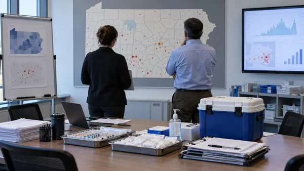 Two public-health workers review a Pennsylvania outbreak map in an emergency response room with vaccination supplies on a table.
