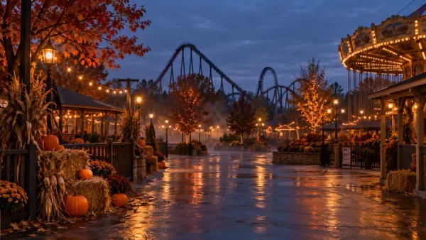 Generic autumn amusement park midway at dusk with pumpkins, warm lights and a roller coaster silhouette