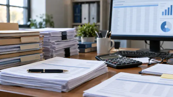Generic accounting desk with payment documents, calculator and an abstract spreadsheet display