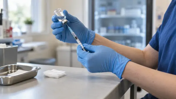 A public-health nurse prepares a vaccination syringe in a clean community clinic.