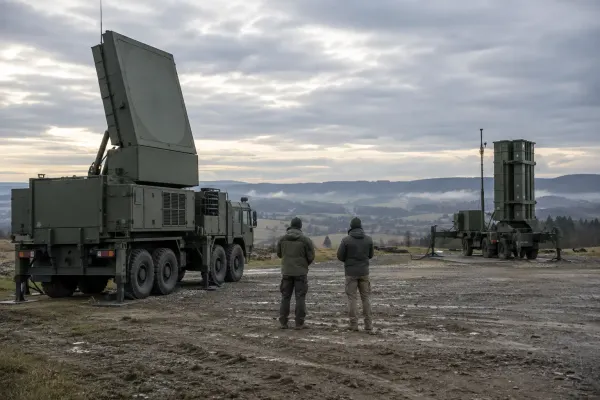 Dalawang technician ang nakatayo sa pagitan ng isang walang tatak na mobile radar at defensive interceptor launcher sa isang European training range.