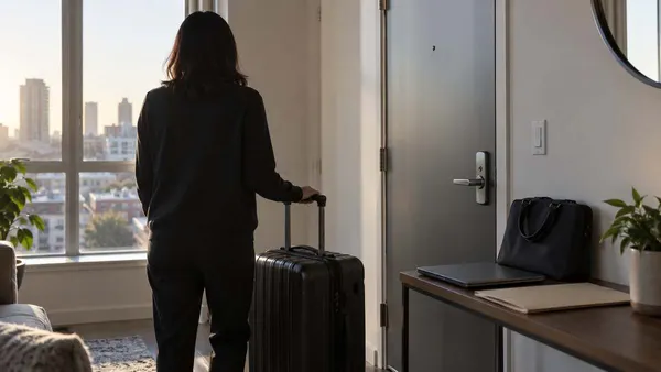 Un profesional cuya identidad no se revela está de pie junto a equipaje preparado y una bolsa para computadora portátil en…