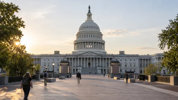 The United States Capitol in early morning light as pedestrians cross the public plaza.