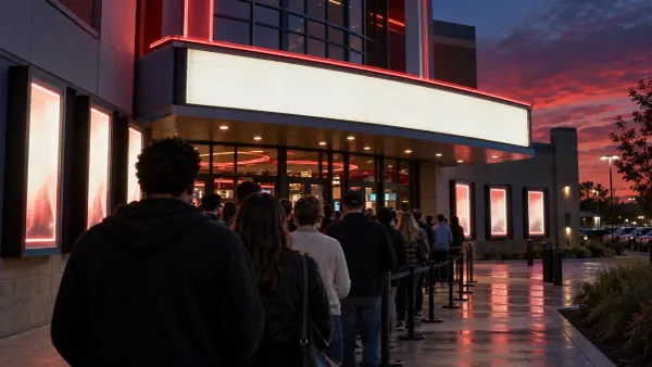 Moviegoers line up outside a contemporary cinema beneath blank illuminated marquees at dusk.
