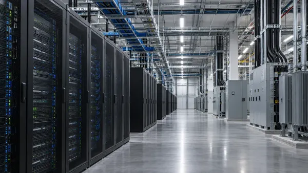 Anonymous data center server racks beside electrical distribution equipment.