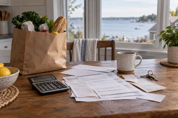 Conceptual coastal kitchen table with groceries, household papers, keys, a calculator and a mug.